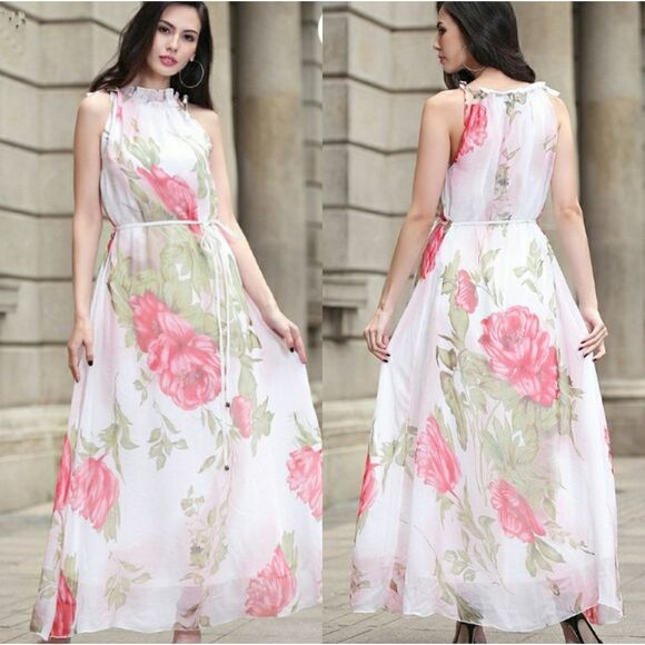 Ruiyige Sheer Flowy Floral Maxi Ruffled Jewel Neck Maxi Dress White Pink Sz L - Picture 1 of 11